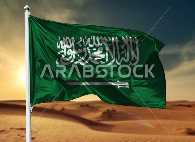 العلم الوطني السعودي يرفرف في صحراء السعودية ، الإحتفال باليوم الوطني السعودي ، العيد الوطني للمملكة ، راية التوحيد و الإسلام ، المملكة العربية السعودية