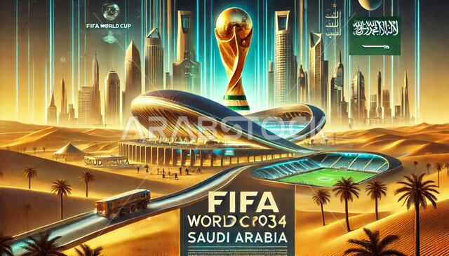 الاحتفال بمناسبة الفوز باستضافة كأس العالم 2034 في السعودية، الفن الهندسي المعماري لملعب في المملكة، فعالية ونشاط ترفيهي في الرياض، الكثبان الرملية وأشجار النخيل في الصحراء، خلفية الأبراج وناطحات السحاب
