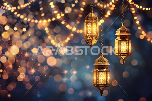 زينة وديكور واكسسوار الشهر الفضيل, الأجواء الرمضانية الروحانية، مجموعة فوانيس معدنية مزخرفة مضيئة معلقة, المناسبات الدينية الإسلامية, بطاقة تهنئة بقدوم رمضان المبارك, مصابيح عربية تقليدية