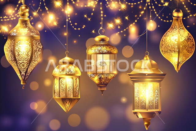 المناسبات الدينية الإسلامية, بطاقة تهنئة بقدوم رمضان المبارك, زينة وديكور واكسسوار الشهر الفضيل, الأجواء الرمضانية الروحانية، مجموعة فوانيس معدنية مزخرفة مضيئة معلقة, مصابيح عربية تقليدية