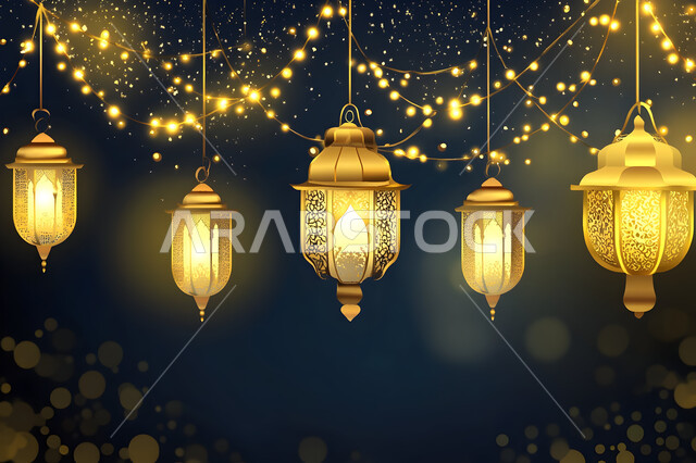 الأجواء الرمضانية الروحانية، المناسبات الدينية الإسلامية, بطاقة تهنئة بقدوم رمضان المبارك, زينة وديكور واكسسوار الشهر الفضيل, مجموعة فوانيس معدنية مزخرفة مضيئة معلقة, مصابيح عربية تقليدية