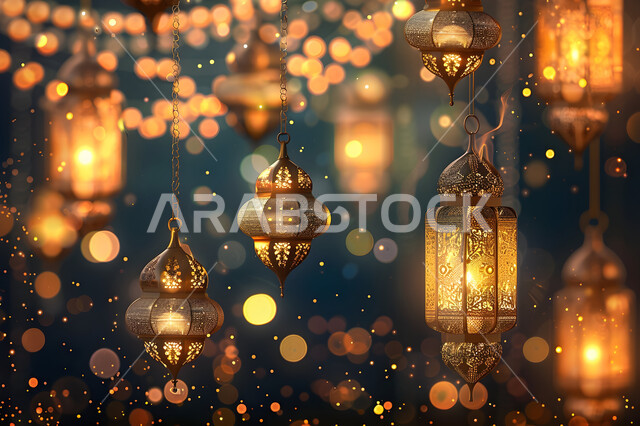 Traditional Arabic Lamps, Ramadan Decorations and Accessories, Spiritual Ramadan Atmosphere, Set of Hanging Decorative Metal Lanterns, Islamic Religious Occasions, Ramadan Mubarak Greeting Card