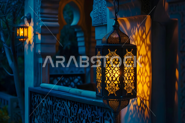 فانوس معدني مزخرف مضيئ معلق, مصباح عربي تقليدي، زينة وديكور واكسسوار الشهر الفضيل, الأجواء الرمضانية الروحانية، الاحتفال بالمناسبات الدينية الإسلامية, بطاقة تهنئة بقدوم رمضان المبارك