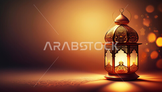 فانوس معدني مزخرف مضيئ, زينة وديكور واكسسوار الشهر الفضيل, بطاقة تهنئة بقدوم رمضان المبارك، الأجواء الرمضانية الروحانية، الاحتفال بالمناسبات الدينية الإسلامية, مصباح عربي تقليدي