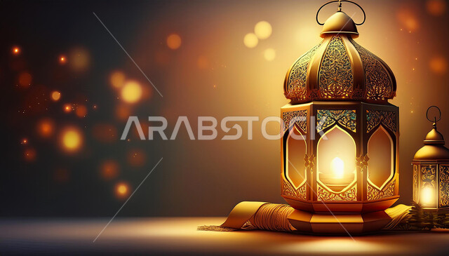 بطاقة تهنئة بقدوم رمضان المبارك، الأجواء الرمضانية الروحانية، فانوس معدني مزخرف مضيئ, زينة وديكور واكسسوار الشهر الفضيل, الاحتفال بالمناسبات الدينية الإسلامية, مصباح عربي تقليدي