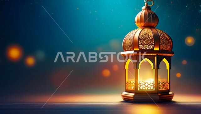 Spiritual Ramadan atmosphere, decorative metal lantern, Ramadan decorations and accessories, Islamic religious celebrations, traditional Arabic lamp, Ramadan greeting card