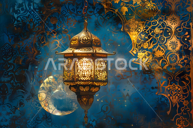 بطاقة تهنئة بقدوم رمضان المبارك، الاحتفال بالمناسبات الدينية الإسلامية, فانوس معدني مزخرف مضيئ معلق مع هلال, زينة وديكور واكسسوار الشهر الفضيل, الأجواء الرمضانية الروحانية، مصباح عربي تقليدي
