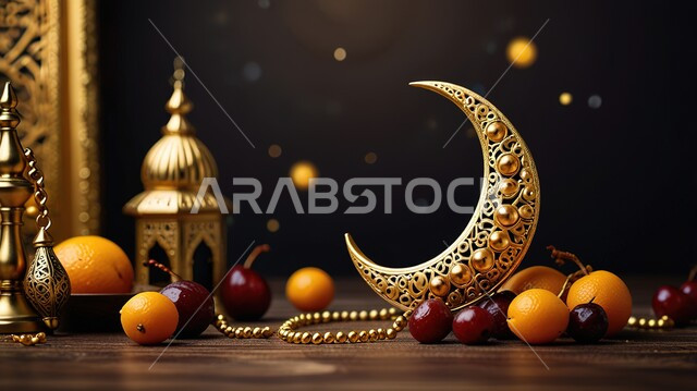 زينة وديكور واكسسوار الشهر الفضيل, الأجواء الرمضانية الروحانية، بطاقة تهنئة بقدوم رمضان المبارك، الاحتفال بالمناسبات الدينية الإسلامية, فانوس مزخرف ومجسم معدني للهلال مع فواكه طازجة متنوعة، مصباح عربي تقليدي، محصول زراعي محلي وطني
