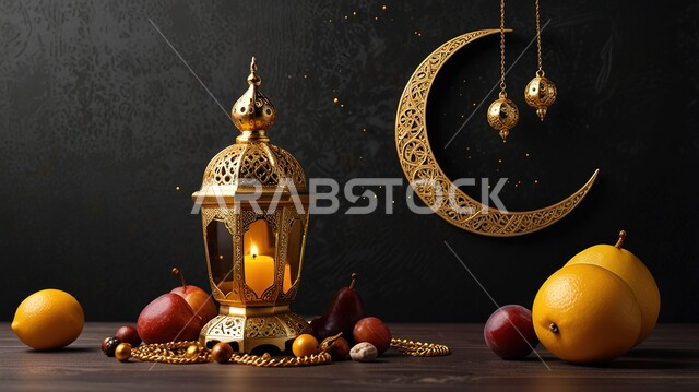 محصول زراعي محلي وطني، فانوس مزخرف ومجسم معدني للهلال مع فواكه طازجة متنوعة، زينة وديكور واكسسوار الشهر الفضيل, الأجواء الرمضانية الروحانية، بطاقة تهنئة بقدوم رمضان المبارك، الاحتفال بالمناسبات الدينية الإسلامية, مصباح عربي تقليدي