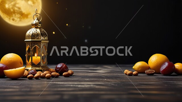 Traditional Arabic Lamp, Local National Agricultural Crop, Full Moon View in the Sky, Ramadan Decoration, Ramadan Spiritual Atmosphere, Ramadan Mubarak Greeting Card, Islamic Religious Celebration, Metal Decorative Lantern with Assorted Fresh Fruits