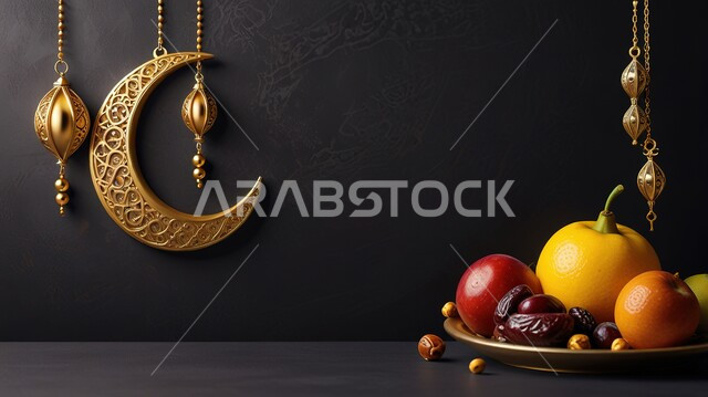 الاحتفال بالمناسبات الدينية الإسلامية، زينة وديكور واكسسوار الشهر الفضيل, هلال مزخرف معدني مع فواكه طازجة متنوعة، محصول زراعي محلي وطني، مصباح عربي تقليدي، الأجواء الرمضانية الروحانية، بطاقة تهنئة بقدوم رمضان المبارك، خلفية سوداء