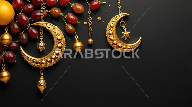هلالان مزخرفان معدنيان مع فواكه طازجة متنوعة، محصول زراعي محلي وطني، مصباح عربي تقليدي، الأجواء الرمضانية الروحانية، بطاقة تهنئة بقدوم رمضان المبارك، الاحتفال بالمناسبات الدينية الإسلامية، زينة وديكور واكسسوار الشهر الفضيل, خلفية سوداء