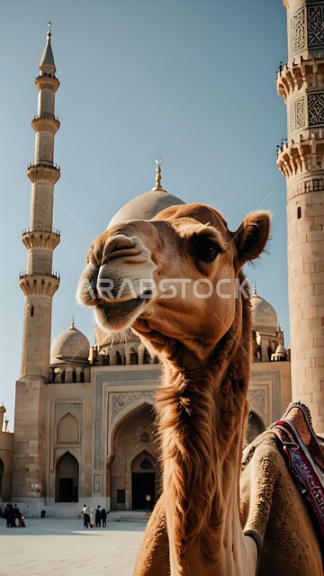 Breeding purebred camels, close-up of a camel standing in the outer courtyard of an ancient Islamic mosque, the association of camels with heritage and history, the Arabic-style architectural art of mosques in the Kingdom of Saudi Arabia