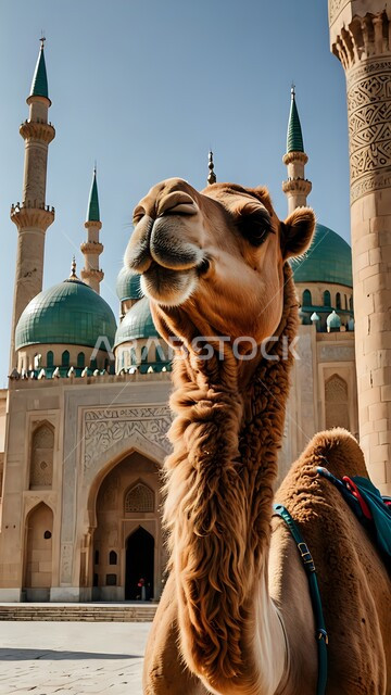 The connection of camels to heritage and history, breeding purebred camels, a close-up of a camel standing in the outer courtyard of an ancient Islamic mosque, the Arabic-style architectural art of mosques in the Kingdom of Saudi Arabia