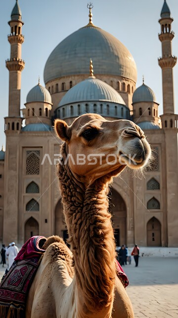 Arabic style architectural art of mosques in Saudi Arabia, close-up of a camel standing in the outer courtyard of an ancient Islamic mosque, the association of camels with heritage and history, breeding purebred camels