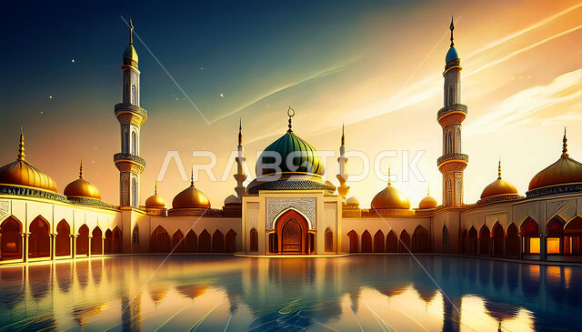 الفن الهندسي المعماري على الطراز الاسلامي لقبب ومآذن المساجد في المملكة العربية السعودية، رسوم توضيحية لانعكاس مسجد عربي عريق على المياه، نداء المسلمين لأداء الفرائض والصلاة في وقتها، مفهوم العبادة و التقرب الى الله تعالى