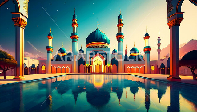 نداء المسلمين لأداء الفرائض والصلاة في وقتها، الفن الهندسي المعماري على الطراز الاسلامي لقبب ومآذن المساجد في المملكة العربية السعودية، رسوم توضيحية لانعكاس مسجد عربي عريق مضاء على المياه، مفهوم العبادة و التقرب الى الله تعالى