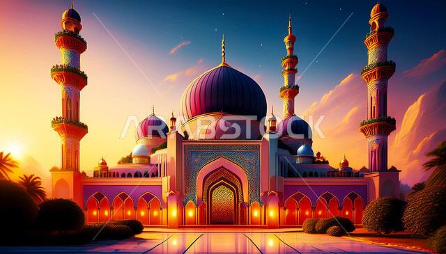 The concept of worship and drawing closer to God Almighty, Islamic architectural art of domes and minarets of mosques in the Kingdom of Saudi Arabia, illustrations of an ancient Arab mosque, the call of Muslims to perform the obligatory prayers and pray on time