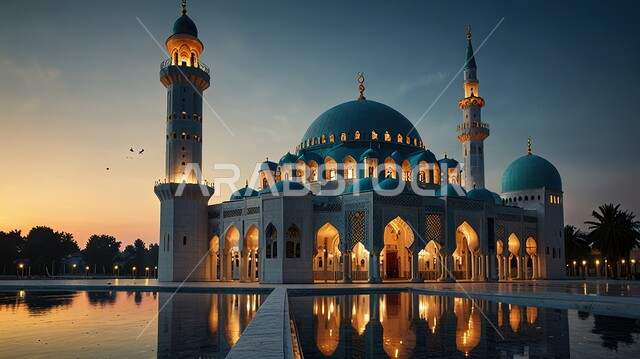 The concept of worship and drawing closer to God Almighty, the call of Muslims to perform the obligatory prayers and pray on time, the Islamic architectural style of the domes and minarets of mosques in the Kingdom of Saudi Arabia, the reflection of an ancient Arab mosque illuminated on the water at night