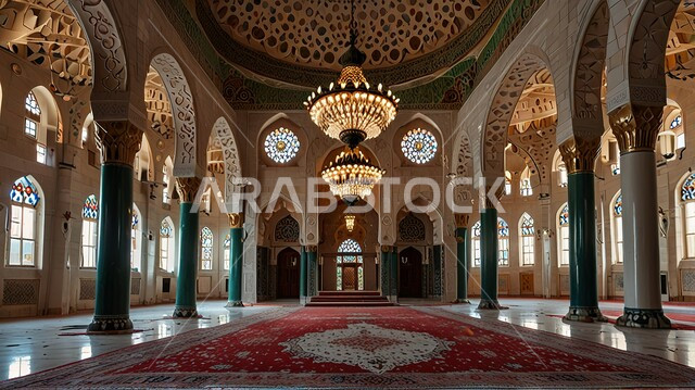 مفهوم العبادة و التقرب الى الله تعالى، الديكور الداخلي المميز لمسجد عربي عريق، الفن الهندسي المعماري على الطراز الاسلامي للمساجد في المملكة العربية السعودية، نداء المسلمين لأداء الفرائض والصلاة في وقتها