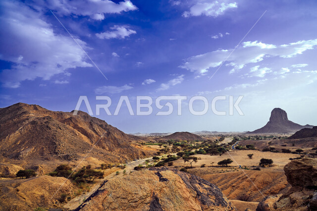 التشكلات والتكوينات والجبال الصخرية، الرمال الذهبية الناعمة، المناطق الصحراوية والكثبان الرملية في البراري، التضاريس والقمم الجبلية في صحراء المملكة العربية السعودية في النهار، نمو النبات البري والشوكي