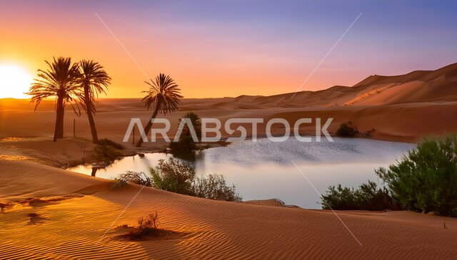 Soft golden sand in the desert at sunset, a pool of water in the middle of an oasis in the desert nature, a nature reserve in Saudi Arabia, recreational safari areas, palm trees and wild plants growing in the desert