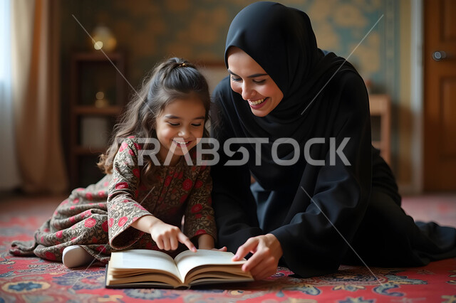 الاستمتاع بممارسة هواية المطالعة، قضاء وقت ممتع مع الابنة، تعزيز الروابط العائلية، أم عربية خليجية سعودية محجبة ترتدي العباءة السوداء تجلس على الأرض مع ابنتها تقومان بقراءة كتاب بإيماءات السرور والسعادة، مشاركة القصص المفيدة مع الأبناء
