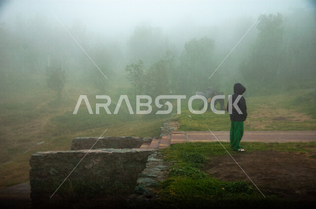 Spending a good time in nature and the open air, visitors and tourists in Raghadan Forest Park in Al Baha city, interest in afforestation and planting green plants in the cities of the Kingdom of Saudi Arabia, natural family recreational places, foggy winter atmosphere