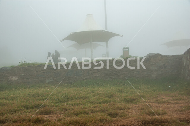 قضاء وقت ممتع في الطبيعة والهواء الطلق، الزوار والسائحين في منتزه غابة رغدان في مدينة الباحة، الاهتمام بالتشجير وزراعة النباتات الخضراء في مدن المملكة العربية السعودية، أماكن طبيعية عائلية ترفيهية، الأجواء الشتوية الضبابية