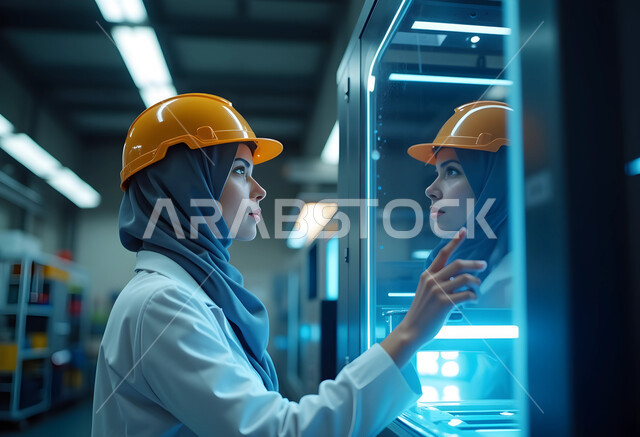 Development and growth of the engineering sector in the Kingdom of Saudi Arabia, a female profession and job, the use of modern technology and technology, a close-up image of a veiled Saudi Arabian Gulf female engineer wearing a special uniform and a protective helmet, raising her hand to touch a luminous holographic screen in front of her that works with focus gestures