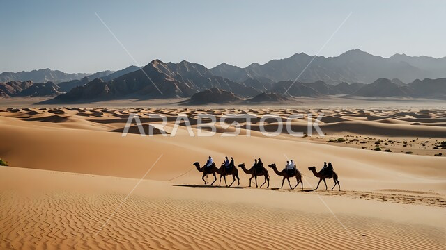 التنقل في صحارى المملكة العربية السعودية باستخدام حيوان الجمل، قافلة من الإبل تسير فوق الكثبان الرملية في الصحراء تحمل على ظهرها مجموعة من الرجال، المناظر الطبيعية والرمال الذهبية الناعمة، أماكن سياحية صحراوية
