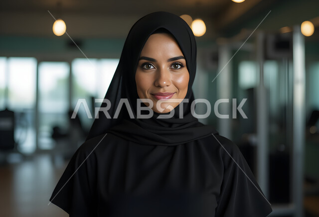 تمارين بدنية للمحافظه على الصحه واللياقه الجسديه, أسلوب الحياة الصحي، صورة مقربة لامرأة عربيه خليجيه سعوديه محجبه ترتدي لباس الرياضه تنظر الى الكايرا بايماءات الثقة بالنفس, محاولة انقاص الوزن, حرق الدهون والسعرات الحرارية في النادي الرياضي