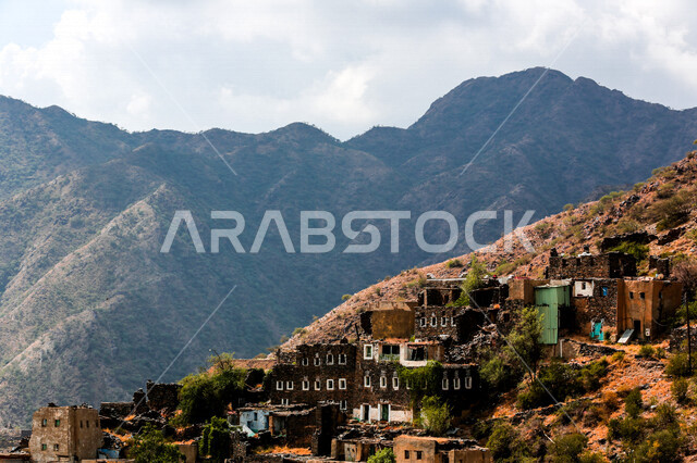 Aesthetic image of ancient archaeological buildings in Rijal Alma’ heritage village in Asir region, Rijal Alma’ historical archaeological governorate, splendor of areas and tourist attractions in the Kingdom of Saudi Arabia