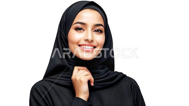أزياء محجبات نسائية عصرية، الاهتمام بالأناقة و المظهر الخارجي، بورتريه مقرب لسيدة عربية خليجية سعودية محجبة ترتدي العباءة السوداء تنظر إلى الكاميرا بإيماءات السرور والسعادة، خلفية بيضاء