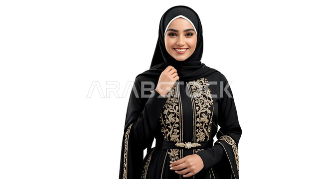 الاهتمام بالأناقة و المظهر الخارجي، بورتريه مقرب لسيدة عربية خليجية سعودية محجبة ترتدي العباءة السوداء تنظر إلى الكاميرا بإيماءات السرور والسعادة، أزياء محجبات نسائية عصرية، خلفية بيضاء
