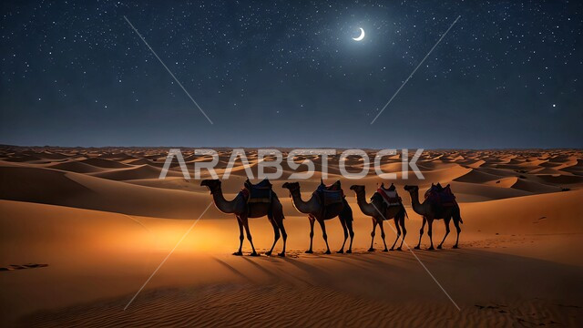 قافلة من الجمال تسير وسط صحراء المملكة العربية السعودية ليلا، الاهتمام في تربية الجمل و الإبل الأصيلة، الكثبان والتلال الرملية في المناطق الصحراوية، مفهوم رعاية المواشي والثدييات، التضاريس والمناظر الطبيعية في الصحاري الواسعة، منظر الهلال والنجوم في السماء