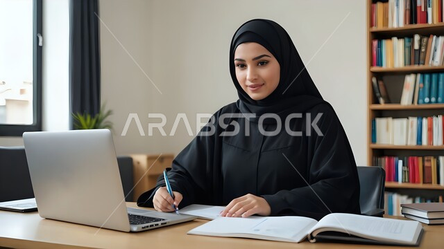 Using modern and advanced technologies, completing work tasks, the concept of distance learning, a close-up image of a veiled Saudi Arabian Gulf woman sitting at an office table working on a laptop, following university lectures via educational platforms