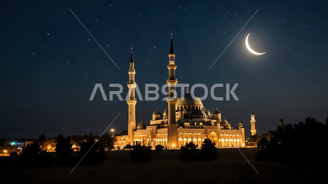 الديكور والتصميم المتميز على الطراز الاسلامي للقبب والمآذن المضيئة ليلا، الفن الهندسي المعماري المتميز للمسجد، مفهوم العبادة والتقرب إلى الله، نداء المسلمين لآداء الفرائض والصلاة، خلفية السماء المليئة بالنجوم مع الهلال المضيء