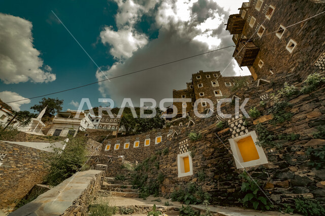 Aesthetic image of ancient archaeological buildings in Rijal Alma’ heritage village in Asir region, Rijal Alma’ historical archaeological governorate, splendor of areas and tourist attractions in the Kingdom of Saudi Arabia