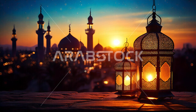 فانوسان معدنيان مزخرفان مضيئان أمام المسجد وقت غروب الشمس, الفن الهندسي المعماري للمساجد على الطراز العربي الإسلامي, الأجواء الرمضانية الروحانية في المملكة العربية السعودية, زينة واكسسوار شهر رمضان المبارك, مصباح عربي تقليدي