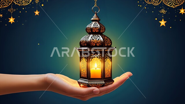 البهجة بقدوم رمضان المبارك, زينة واكسسوار شهر الخير, صورة مقربة ليد تحمل فانوس معدني مزخرف مضيء, مصباح عربي تقليدي, الأجواء الرمضانية الروحانية في المملكة العربية السعودية, الاحتفال بالمناسبات الدينية الإسلامية, خلفية زرقاء