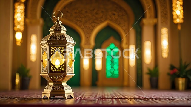 الاحتفال بالمناسبات الدينية الإسلامية, البهجة بقدوم رمضان المبارك, زينة واكسسوار شهر الخير, فانوس معدني مزخرف مضيء داخل مسجد, مصباح عربي تقليدي, الأجواء الرمضانية الروحانية في المملكة العربية السعودية, التصميم الداخلي المميز للمساجد