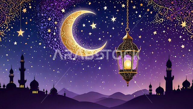 الأجواء الرمضانية الروحانية في المملكة العربية السعودية, الاحتفال بالمناسبات الدينية الإسلامية, البهجة بقدوم رمضان المبارك, زينة واكسسوار شهر الخير, فانوس معدني مزخرف معلق مضيء, منظر الهلال والنجوم في السماء, الفن الهندسي المعماري للمساجد