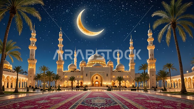 الفن الهندسي المعماري لبناء المساجد على الطراز العربي الإسلامي, التصميم المتميز للقبب والمآذن, مفهوم العبادة والتقرب إلى الله تعالى, نداء المسلمين لأداء فريضة الصلاة, مسجد مضيء في الليل, منظر الهلال في السماء