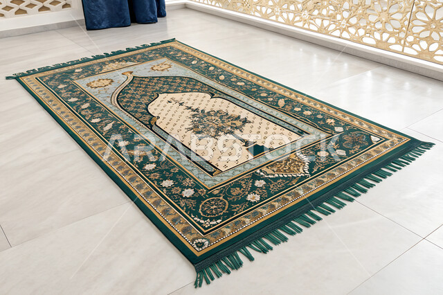 أداء فريضة الصلاة على وقتها, صورة مقربة لسجادة الصلاة, أجواء روحانية دينية, مفهوم العبادة والتقرب من الله تعالى, جلسة إسلامية هادئة، منتج صناعي محلي وطني، زخرفة ونقوش من التراث السعودي