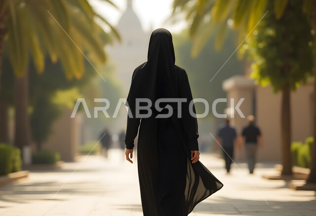 قضاء الوقت الممتع في إحدى المنتزهات العامة, الاستمتاع بالهواء الطلق, الاهتمام بالأناقة والمظهر الخارجي, صورة من الخلف لامرأة عربية خليجية سعودية محجبة ترتدي العباءة السوداء تسير في الحديقة