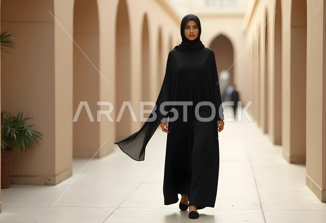 Attention to elegance and outward appearance, the concept of femininity and softness, elegant modern veiled fashion, a veiled Saudi Arabian Gulf woman wearing a black abaya looking at the camera with gestures of self-confidence