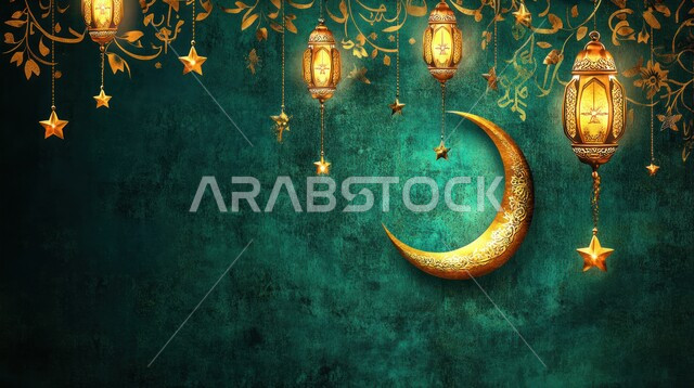 فوانيس معدنية مزخرفة معلقة مضيئة مع الهلال, الأجواء الرمضانية الروحانية في المملكة العربية السعودية, الاحتفال بالمناسبات الدينية الإسلامية, البهجة بقدوم رمضان المبارك, زينة واكسسوار شهر الخير, مصباح عربي تقليدي, خلفية خضراء