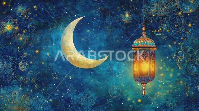 مصباح عربي تقليدي, الأجواء الرمضانية الروحانية في المملكة العربية السعودية, الاحتفال بالمناسبات الدينية الإسلامية, البهجة بقدوم رمضان المبارك, زينة واكسسوار شهر الخير, فانوس معدني مزخرف مضيء مع الهلال, خلفية زرقاء