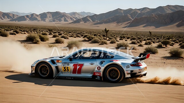 نشاط صحراوي ممتع, الاستمتاع بممارسة الهواية المفضلة, مغامرة شيقة على الرمال الذهبية الناعمة في صحاري المملكة العربية السعودية, مغامرات سفاري على الكثبان الرملية, سيارة بورش رمادية تسير وسط الصحراء